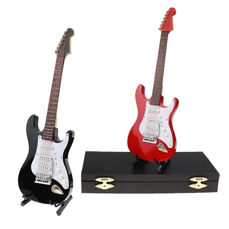 Houten Miniatuur Elektrische Gitaar Met Stand En Case Mini Muziekinstrument Miniatuur Poppenhuis Model 14Cm