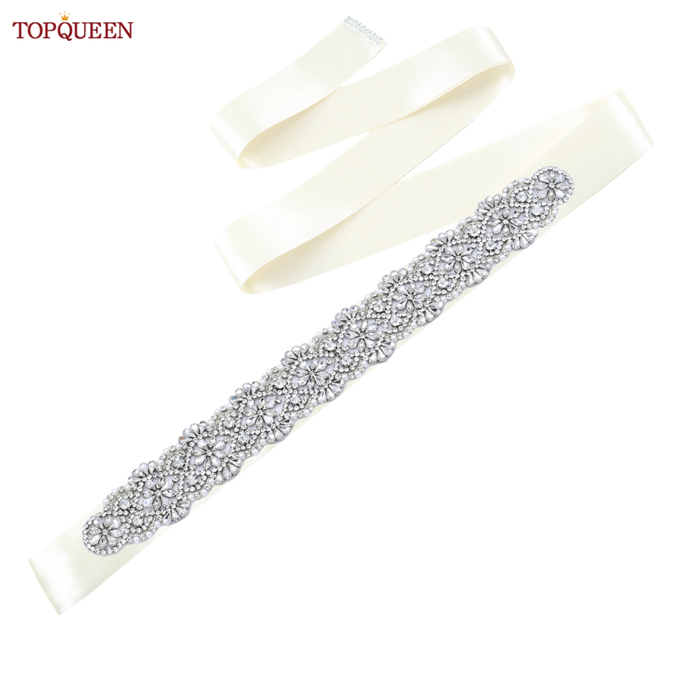 TOPQUEEN S04B damski luksusowy pasek srebrny Rhinestone pas biodrowy ślub kobieta pas pas ślubny aplikacja pasy dla kobiet szeroki: ivory ribbon