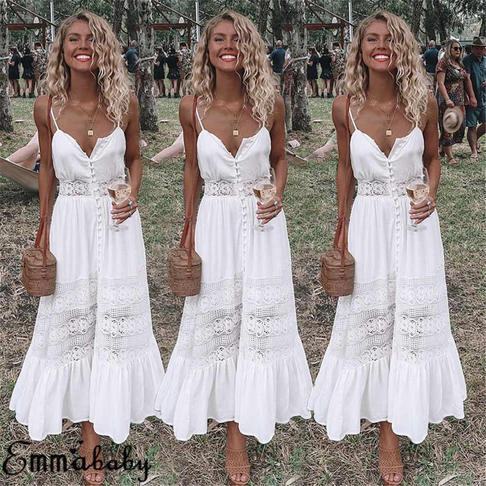 Boho Long Maxi Dress Women Summer Ladies Sleeveless White Beach Dress Evening Party Casual Crochet Dresses Beach