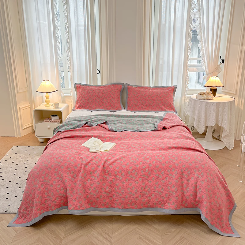 Dubbellaags bedovertrek katoenen deken Jacquard sprei garen geverfde spreien en dekbedden Beddekens Bank Handdoek Lakens: 100x150cm / Roze
