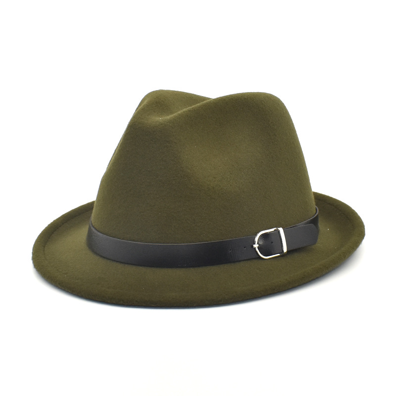 European Classical felt Fedoras Hat for Men Women Cowboy Trilby Cap Homburg Church Jazz Hat with Belt: Army Green