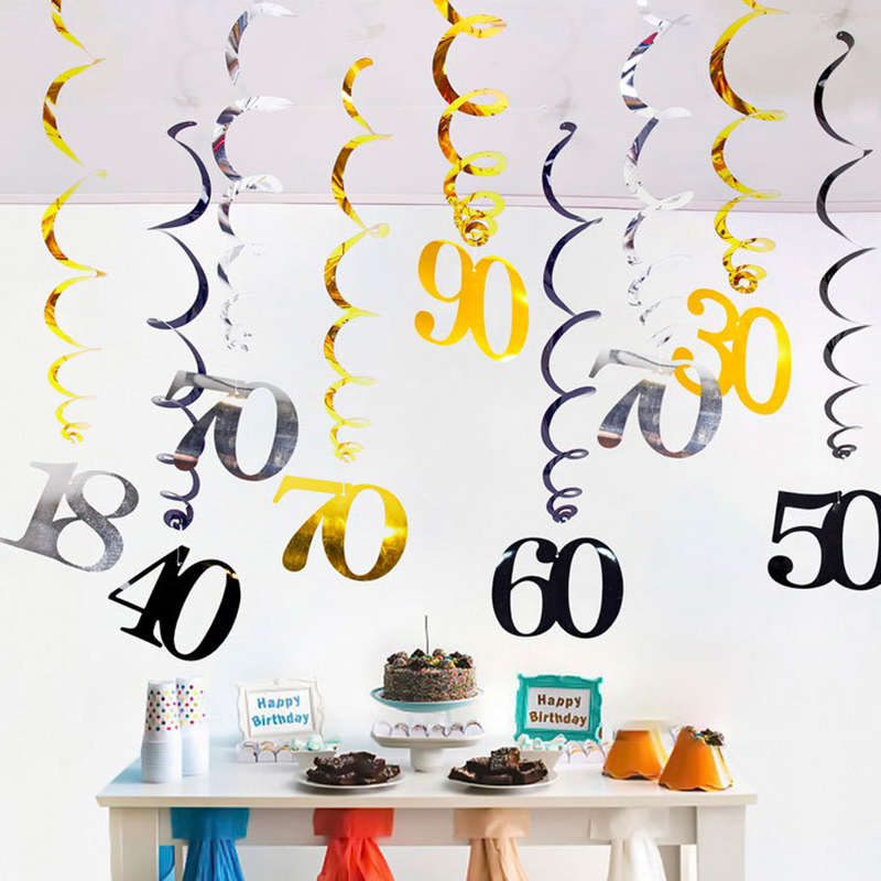 6 unids/set espiral 16 18 21 25 30 40 50 60 70 80 90 años remolinos de cumpleaños adorno colgante guirnalda colgante de cumpleaños decoración de