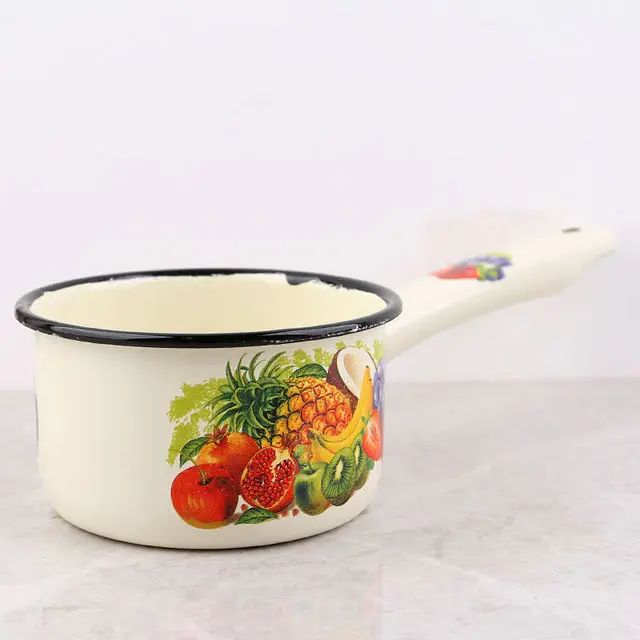 Cacerola de leche esmaltada Vintage con cucharón de mango largo para Gas o cocina de inducción, cucharón de agua esmaltado con estilo Retro para la cocina del hogar: Verde