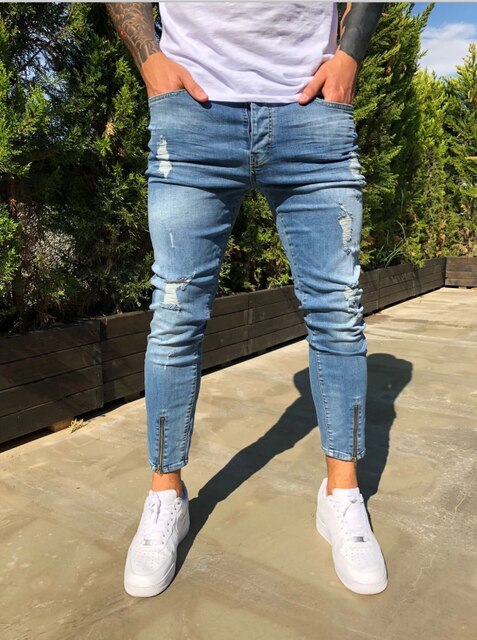 Jean en Denim déchiré et détruit pour Homme, pantalon Streetwear, style Hip hop, slim, Punk, longueur cheville,: Blue DY009 / S