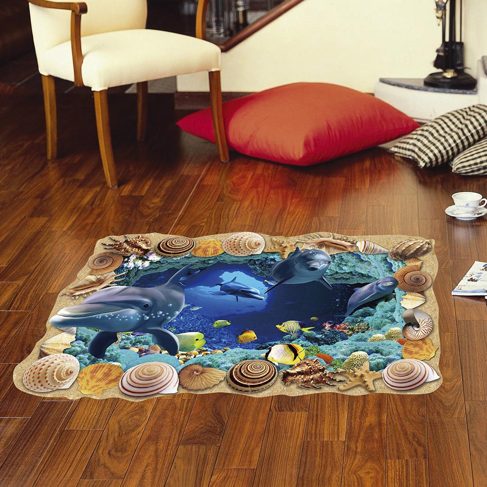 3D Underwater World Cave Stickers Dolphin Wall Decals Living Room Bedroom Kindergarten Floor Decoration Removable Wall Stickers