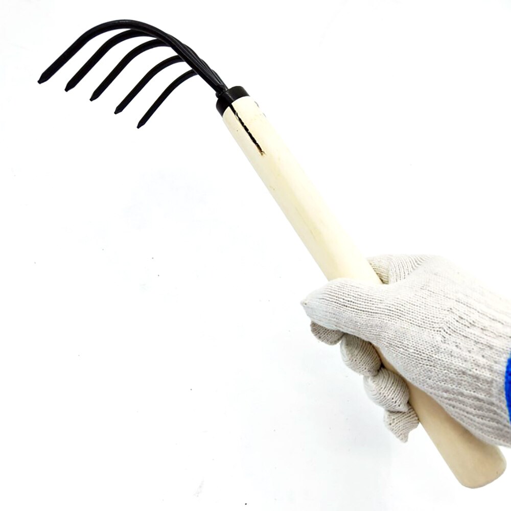 Multifunction Garden Hand Rake with 5 Claw for Fallen Leaves Loosen Soil Nursery Wood Handle Garden Tools