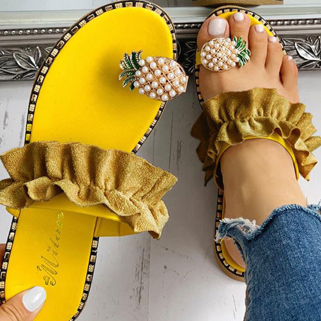Vrouwen Meisjes Ananas Parel Platte Teen Casual Schoenen Platte Bohemian Style Casual Sandalen Slippers Strand Schoenen Platform Sandalias De