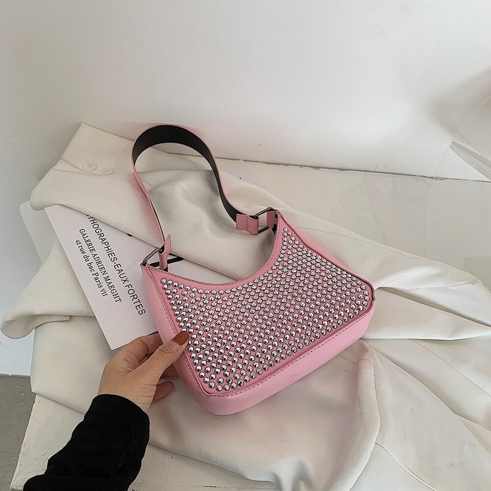 Damen-schultertasche aus pu-leder mit nieten, lässige kleine Landstreicher-handtasche, Mini-geldbörse: Rosa