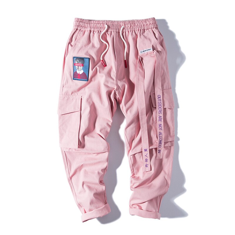 2021 nowa, w stylu Streetwear Hip Hop Cargo spodnie mężczyźni i kobiety wstążka wyszywane litery japońskie spodnie do biegania Casual Harem Pants Pink