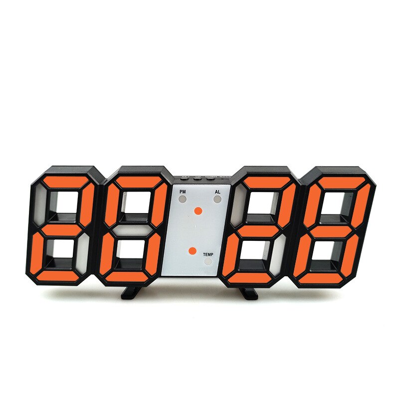 Reloj de pared Digital LED 3D, alarma, fecha, temperatura, retroiluminación automática, mesa de escritorio, pantalla de 12/24 horas, decoración del hogar: Black Shell Orange