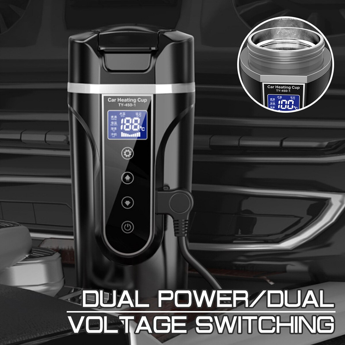Dc 12v/24v 450ml rustfrit stål temperaturkedel kaffe te mælk opvarmet bil varmekop elektrisk vand kop lcd-skærm