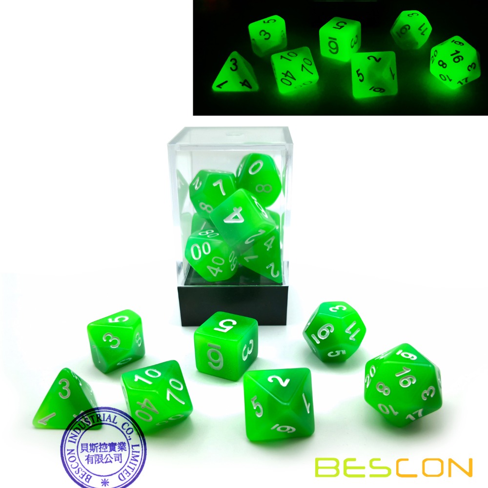 Bescon Gradiënt Gloeiende Polyhedrale Dobbelstenen 7 Pcs Set Bos Licht, Geleidelijke Lichtgevende Rpg Dobbelstenen Set Glow In Dark, Dnd Spel Dobbelstenen