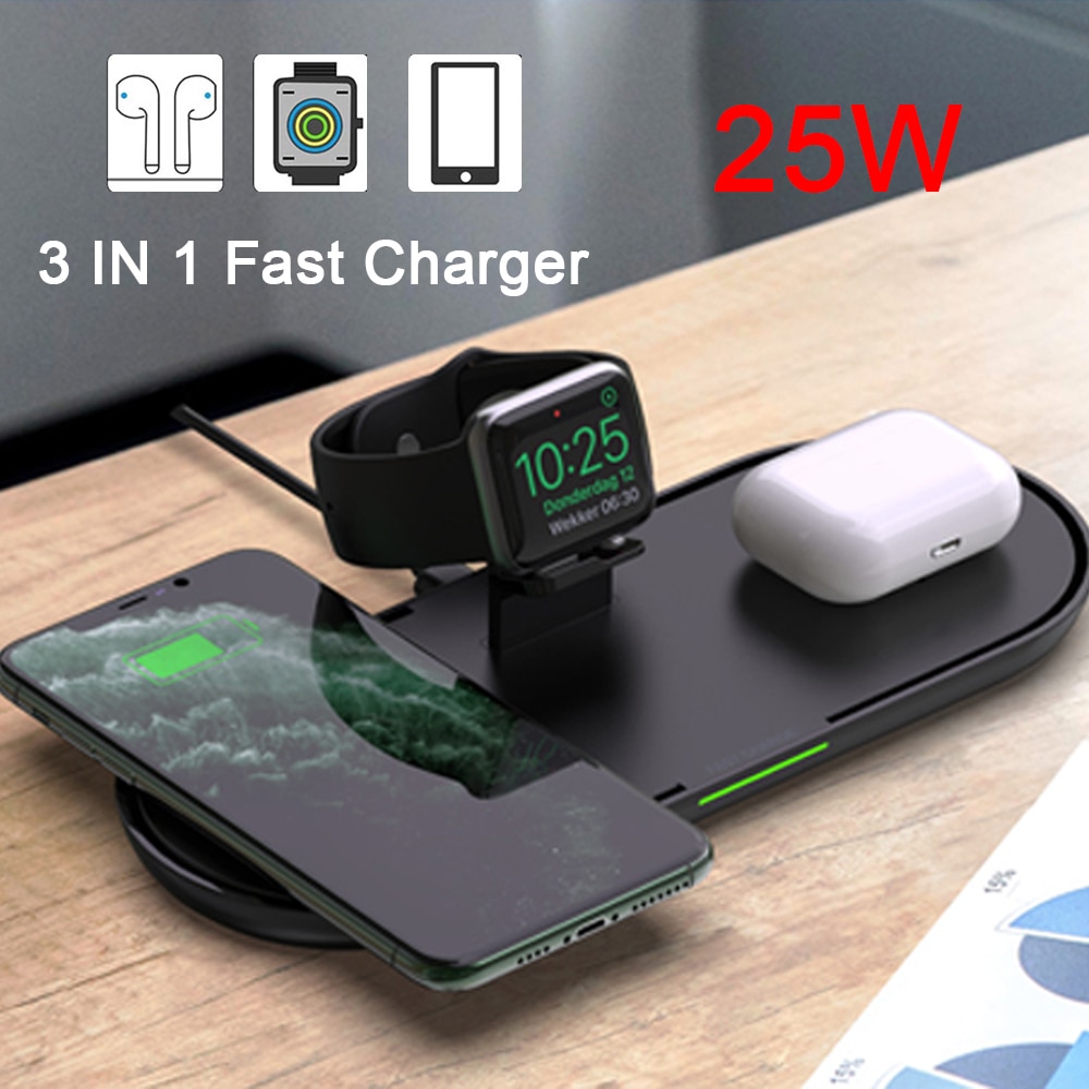 25W Qi Wireless Charger 3 in 1 Fast Charging Station for Apple Watch 5 4 3 2 iPhone 11 XS XR 8 X Airpods Pro Fold Stand Pad