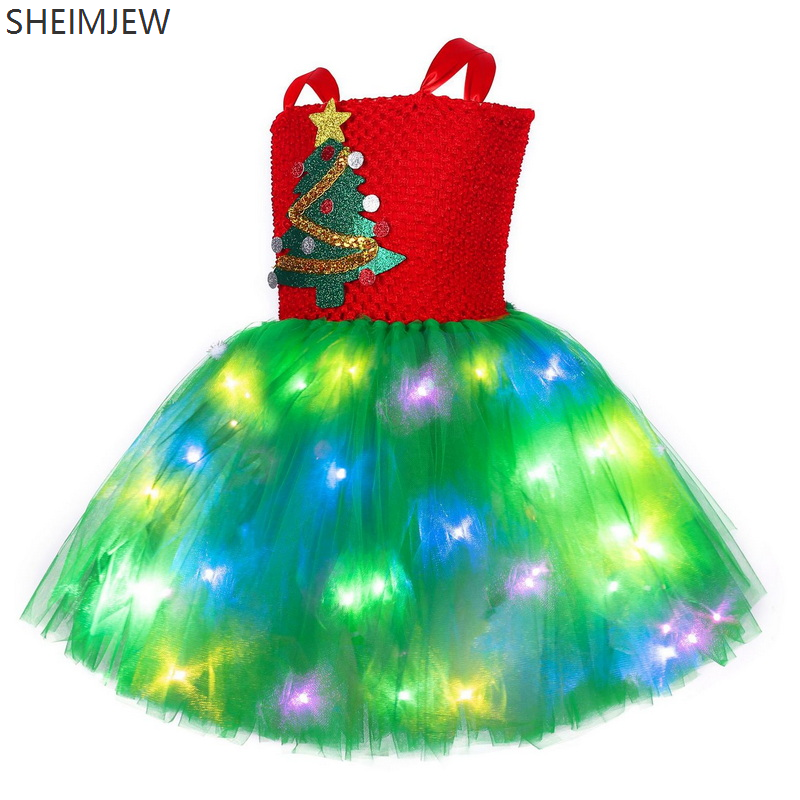 Christmas Elf Cosplay Dress Xmas Red And Green Princess Tutu Led Light Sequin Rainbow Ballet Suits Christmas Birthday Party