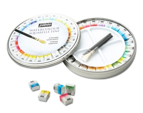 Pebeo 12/24 kleuren vaste waterverf kunst aquarel pigment aquarel ronde blik vaste waterverf kunstset met penseel