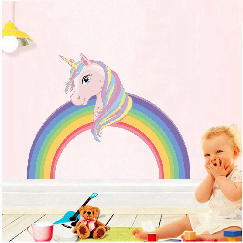 Leuke Eenhoorn Regenboog Muursticker Voor Kinderkamer Decoratie Muurstickers Pvc Verwisselbare Muur Papier