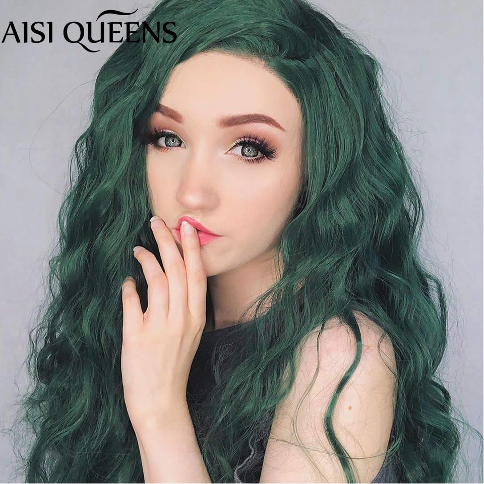 Aisi Queens Synthetische Lace Front Pruik Lange Groene Golvende Natuurlijke Haar Voor Vrouwen Hittebestendige Cosplay Pruik