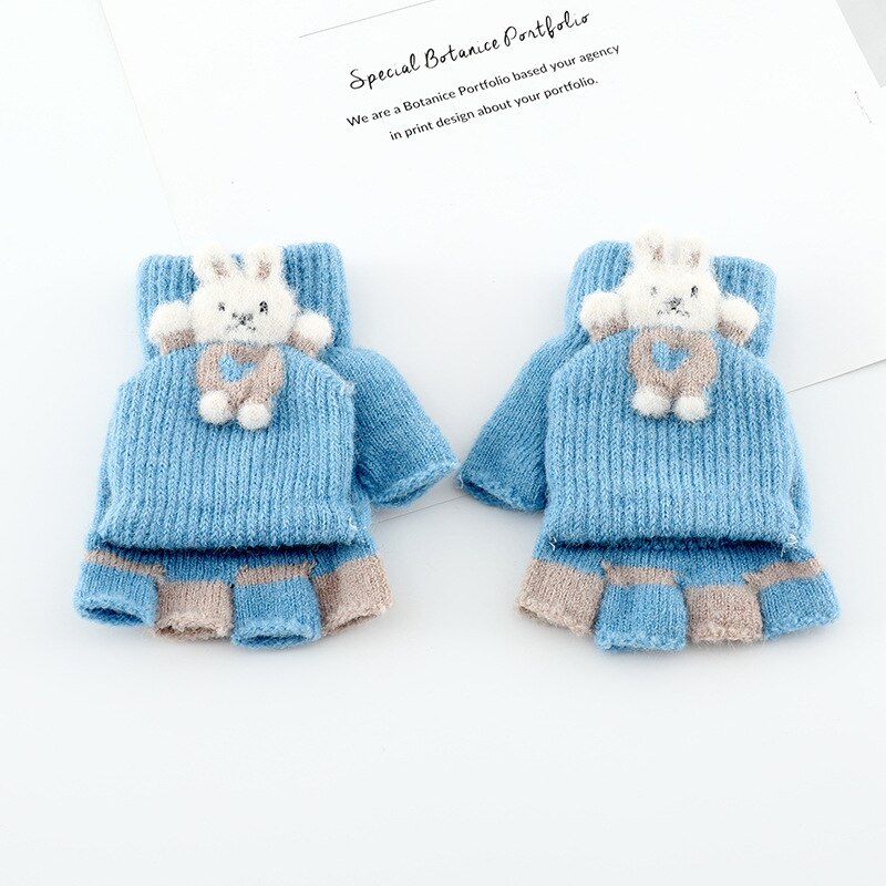 Gants d&#39;hiver en tricot pour enfants, motif lapin mignon, mitaines de dessin animé pour filles, doux et chauds, sans doigts, pour bébé de 2 à 7 ans: blue