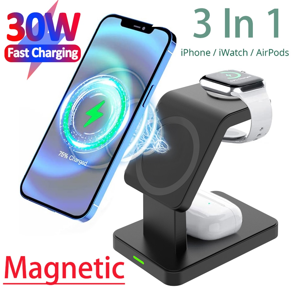 30w 3 in 1 magnetische kabellose ladestation für iphone 12, 13 mini, pro max/apple watch und airpods pro