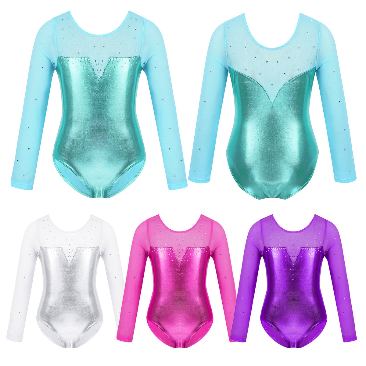 Sparkle Girls Tulle Long Sleeve Gymnastics Leotard Bodysuit Rhinestone Metallic Ballet Leotard Kids Practice Stage Dance Costume