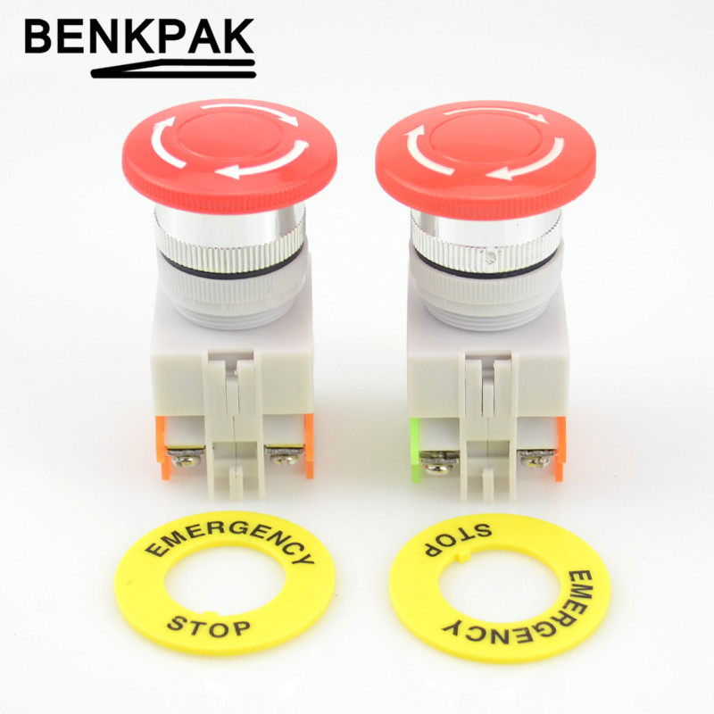 Interruptor de botón de parada de emergencia, bloqueo pulsador NO + NC, reinicio de giro, seta