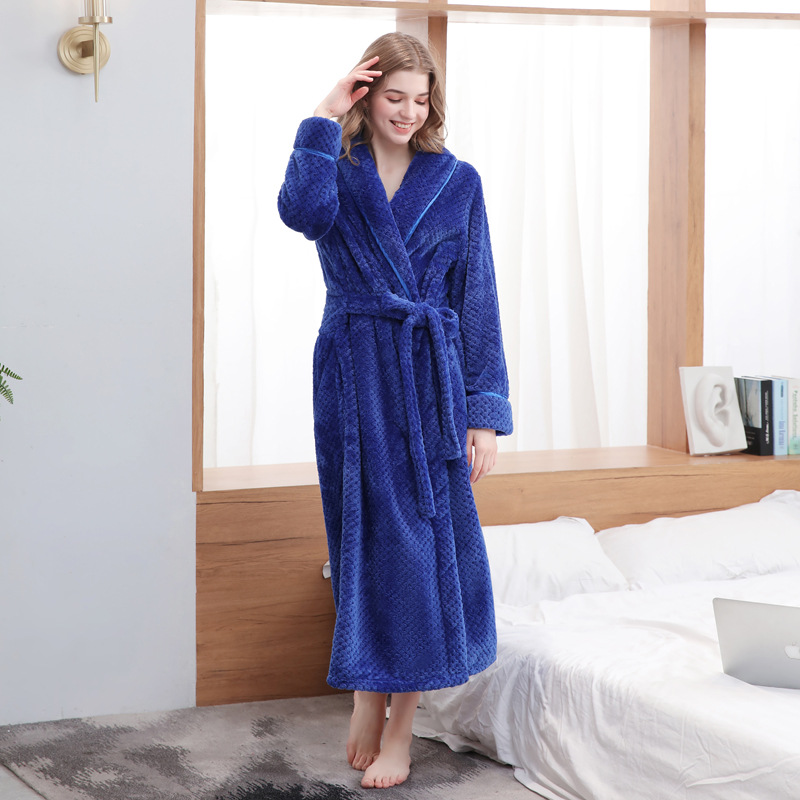 Large Size Flannel Long Robe Autumn Winter Thickened Couple Sleepwear Kimono Bathrobe Gown Nightgown Loose Coral Fleece Homewear: S / Blue