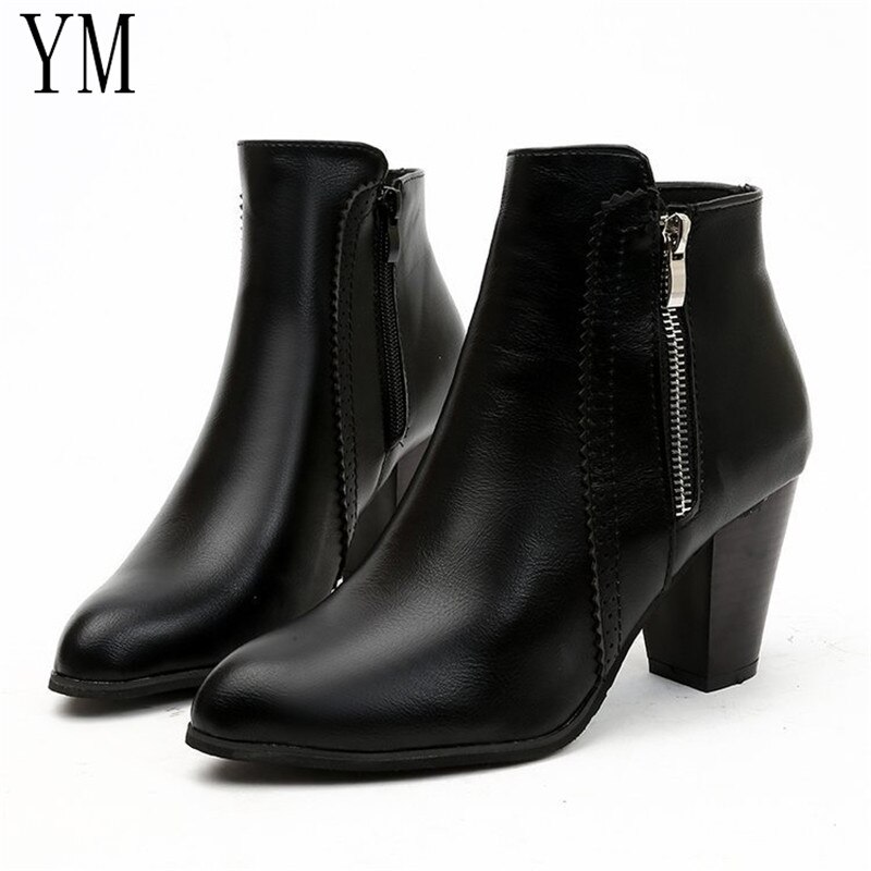 Return Women Ankle Boots PU leather Boots High heel 8cm Ladies shoes Side Zipper Short Boots for Women Shoes ship43