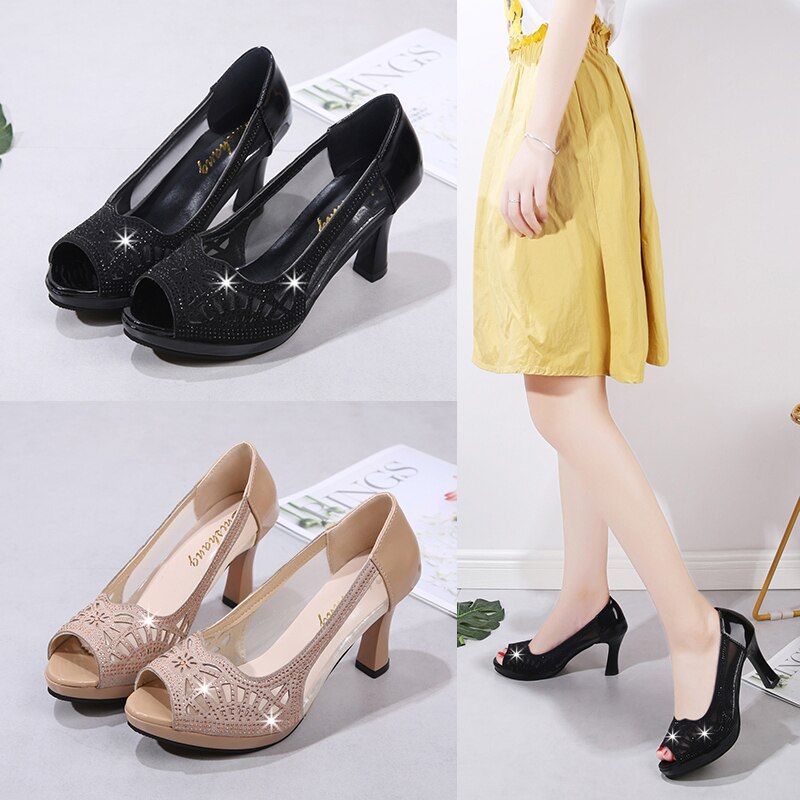 Sommar öppen tå pumps hollow outs klänning skor kvinna peep toe högklackat dam sandaler festskor zapatos mujer svart 7985n
