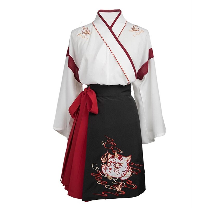 Japanischen Kimono Kleid Frau Schwarz Weiß Katze Stickerei Süße Mädchen Jahrgang Asiatische Kleidung Yukata Haori Cosplay Party 2 stück einstellen: Farbe1 / S