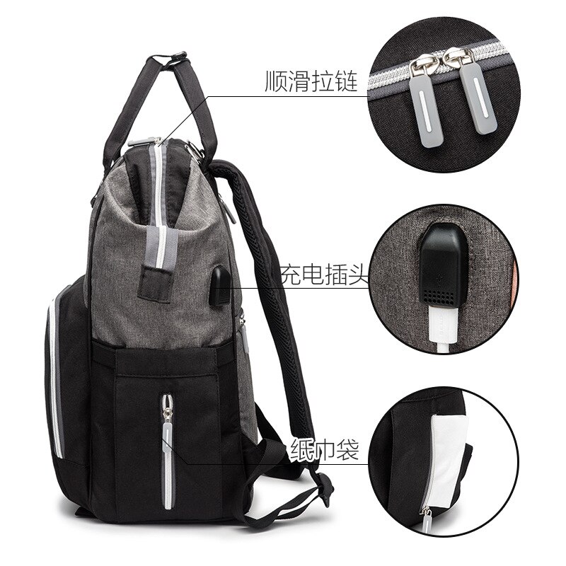 Ankommling Stijl Gemengde Kleuren Mother 'S Bag Multi-Functionele Grote Capaciteit Schouder Mama Tas Usb Rugzak