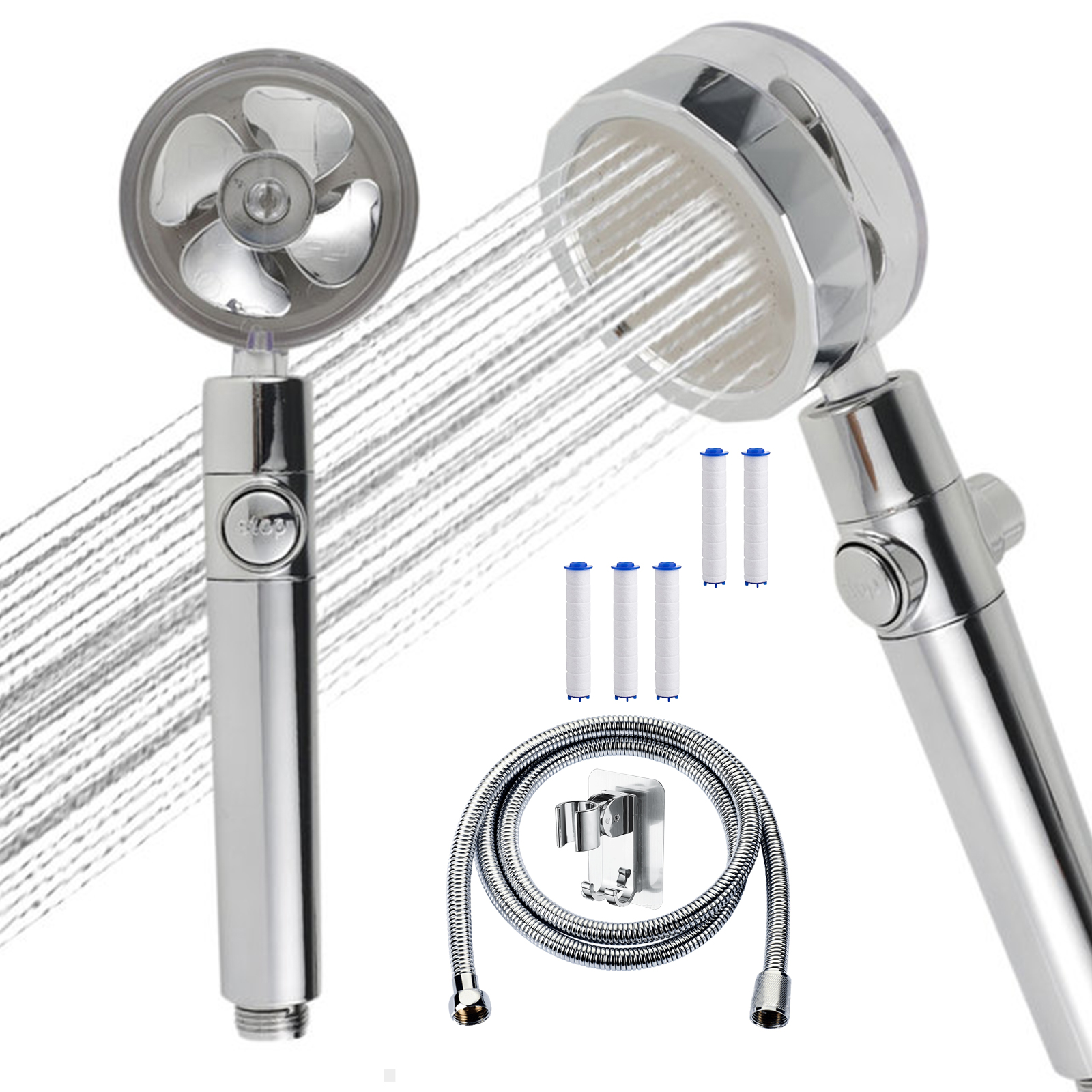 8Pcs Neerslag Turbo Douchekop Set Hoge Druk Regendouche Gedraaid Turbocharged Douche Met Ventilator 5 Filter Slang rack: 8PCS Silver