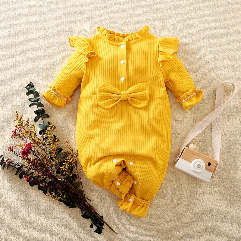 Hibobi Baby Girl Bow Knot Ruffle Jumpsuit Long Sleeve Jumpsuit Cotton Bodysuit: YELLOW / 3M