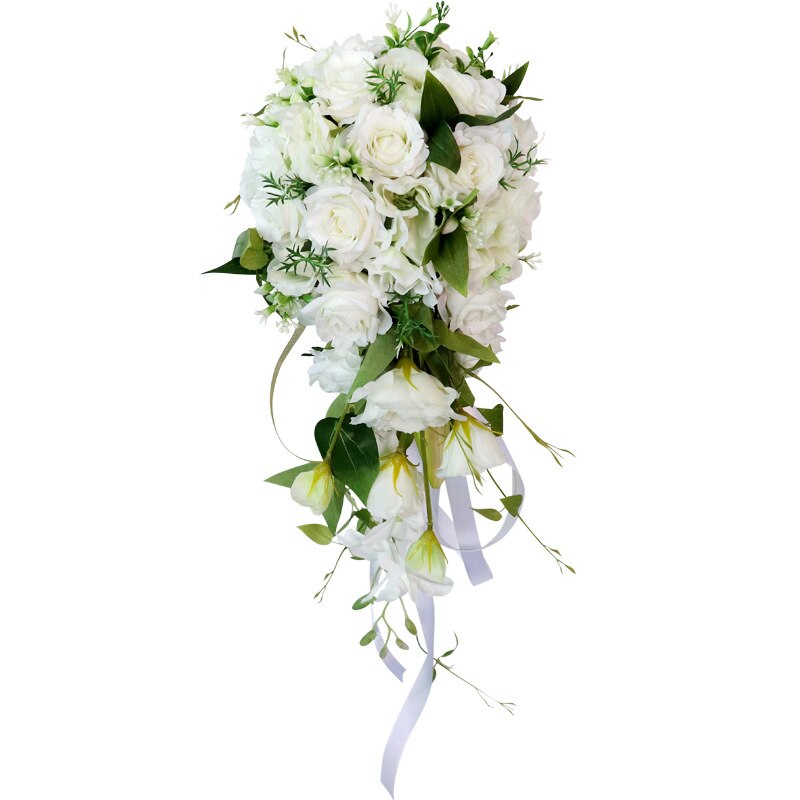 Bouquet de fleurs avec nœud vert et blanc, chute d&#39;eau, pour mariée, pour mariage, WAS10154