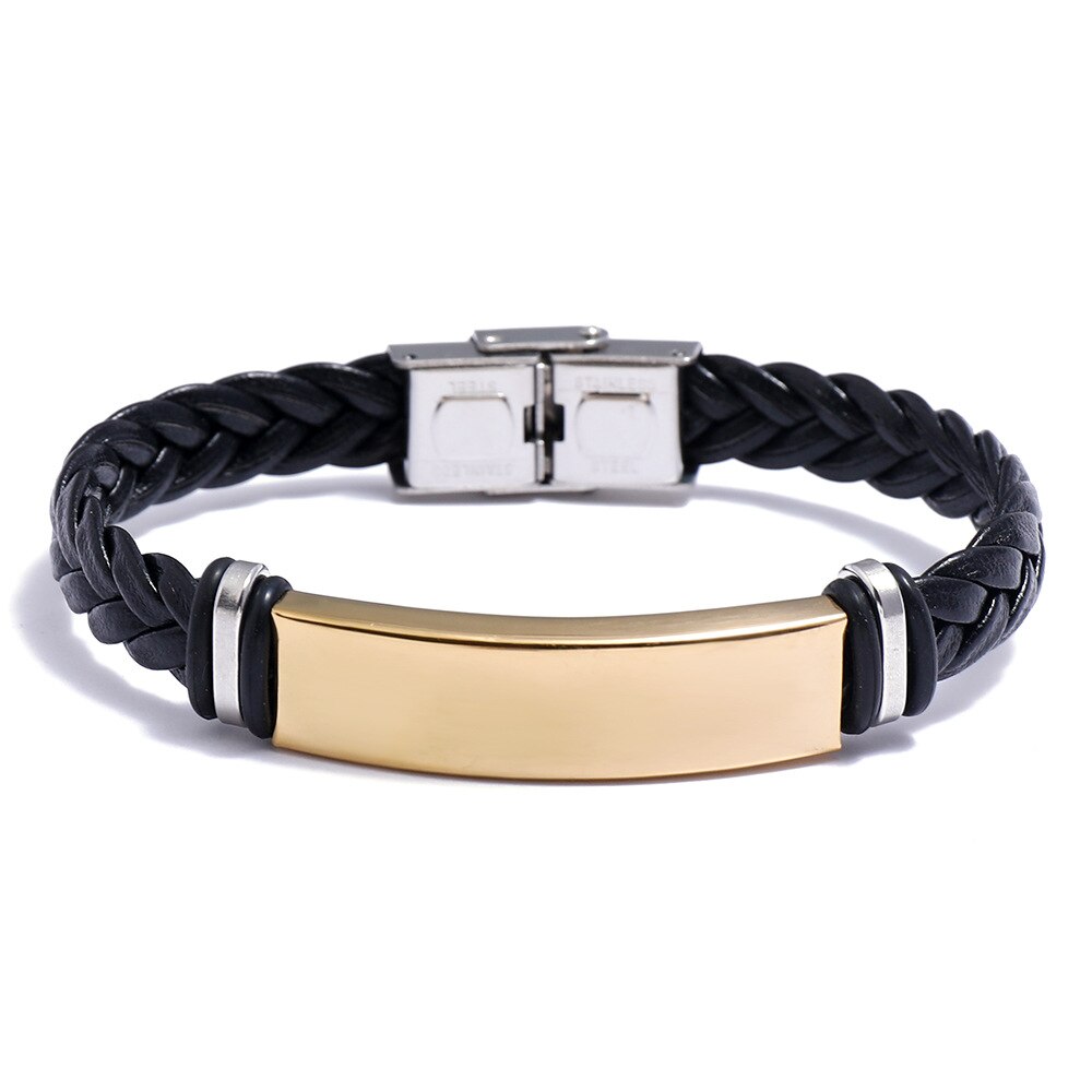 Pulseira de couro trançada de aço inoxidável, pulseira para homens, placa polida, pulseira masculina, joias da amizade: Dourado