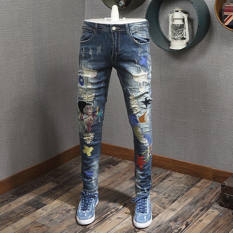 Streetwear Men Jeans Slim Fit Embroidery Ripped Jeans Men Destroyed Baggy Pants Elastic Patches Hip Hop Jeans: 38