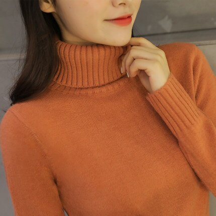 Autumn Winter Women Turtleneck Sweater Pullover Ladies Shirt Slim Casual Tops Warm Clothing Female Knitted Sweater: Dark orange