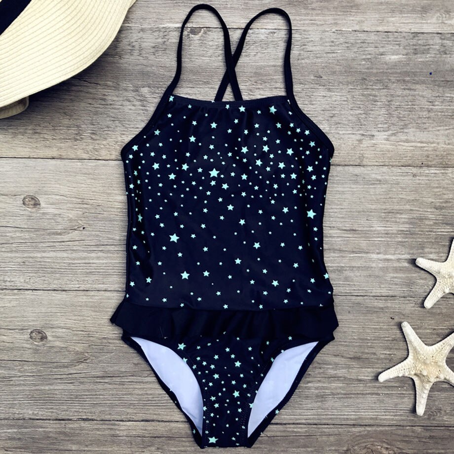5-12 Years Girl One Piece Swimsuit Stars Print Kids Swimwear Cross Back Child Girl Bathing Suit Young Girls Swimming Suit Black: Black / 10