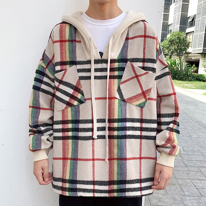 autumn winter fabric Pullover large Hong style loose Korean woolen plaid hooded khaki coat hoodies: Khaki / M