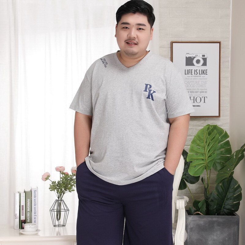 Summer Men Pajamas Short Sleeve Male Pajama Set Pure Cotton men Sleepwear Suit Homewear Big Size 5XL sport clothes: grey men pajamas / 5XL