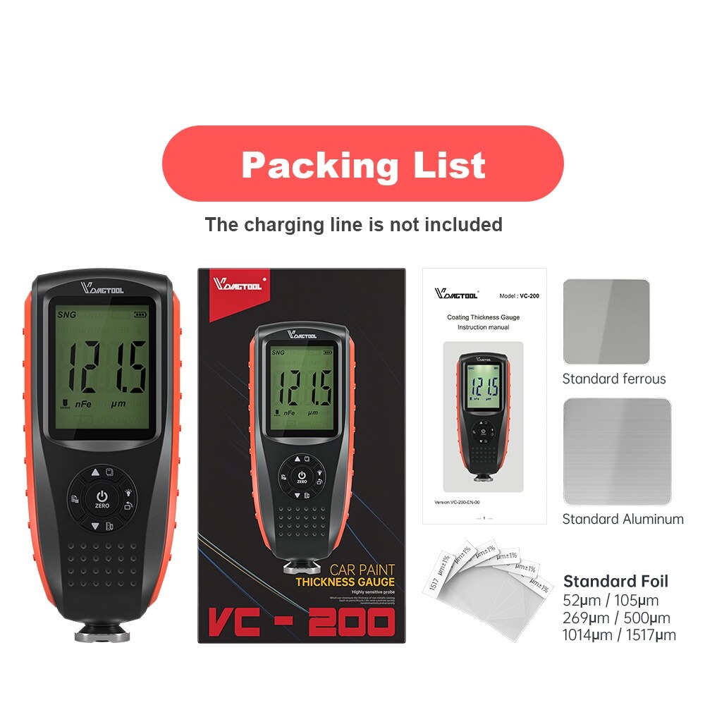 Vdiagtool VC100 Dikte Meters Auto Verf Coating Dikte Verf Dikte Russische Handmatig Meten Regelen 0-1.80mm0-71.0mil: VC200