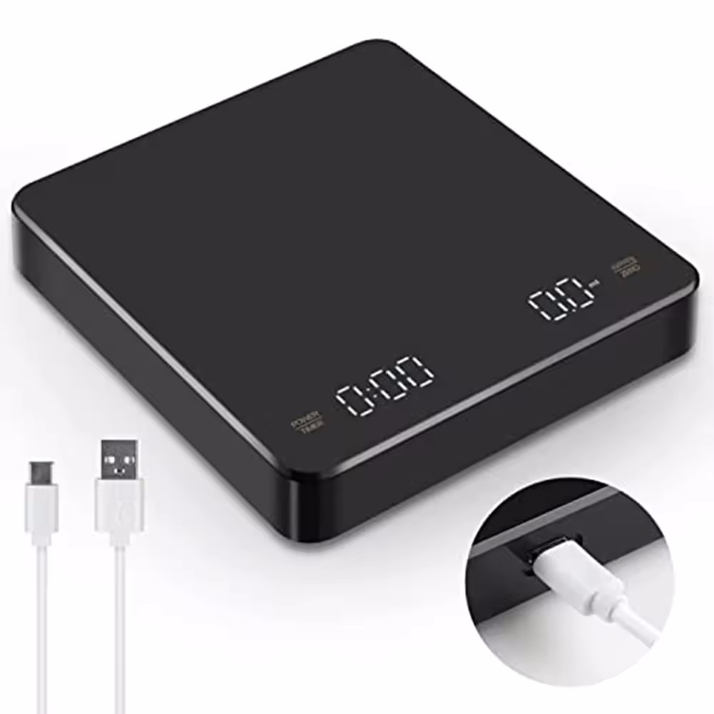 KC2 Digital Rechargeable Coffee Scale with Timer LED Screen Espresso USB 0.1g to 3kg High Accuracy Measuring Kitchen Scale