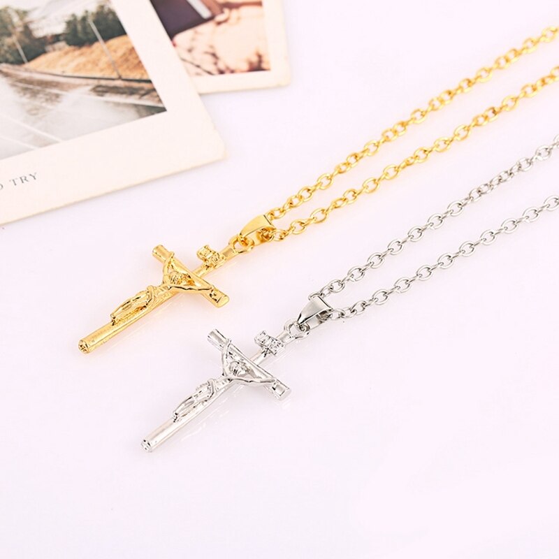 Religiös kristen gud kors krucifix hänge halsband för män kvinnor guld/slimpläterad jesus länkkedja smycken