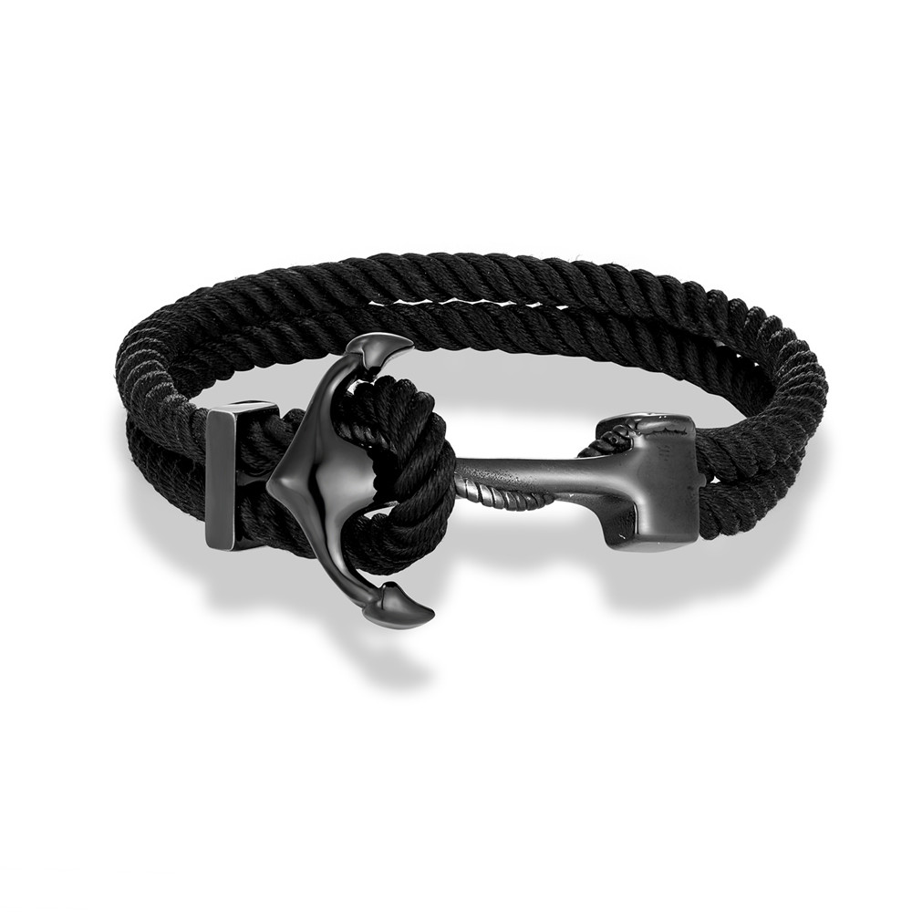 Black Anchor Bracelet for Men Women Double Layer Braided Survival Rope Bracelet Stainless Steel Handmade Woven Jewelry: 19cm / Hot Stamping