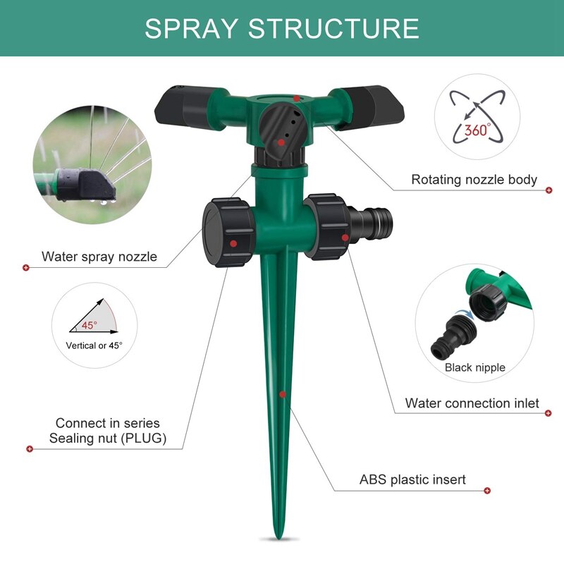 3- pack automatisk 360 ° roterande gräsmatta sprinkler justerbart bevattningssystem för gräsmatta, plantskola och gräsbevattning, trädgårdsvattensprutning