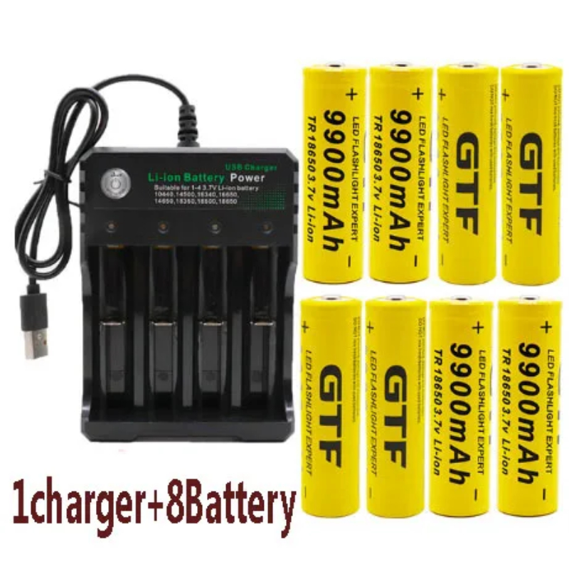 GTF 18650 Original Lithium-ion Battery, 18650 Rechargeable Flashlight, 3.7 V, 9900 MAh for Flashlight+USB Charger: green