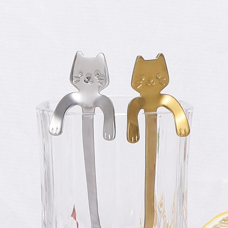 Dibujo animado de gato colgante taza cuchara de acero inoxidable cuchara de café taza té cuchara postre helado cucharilla vajilla U3