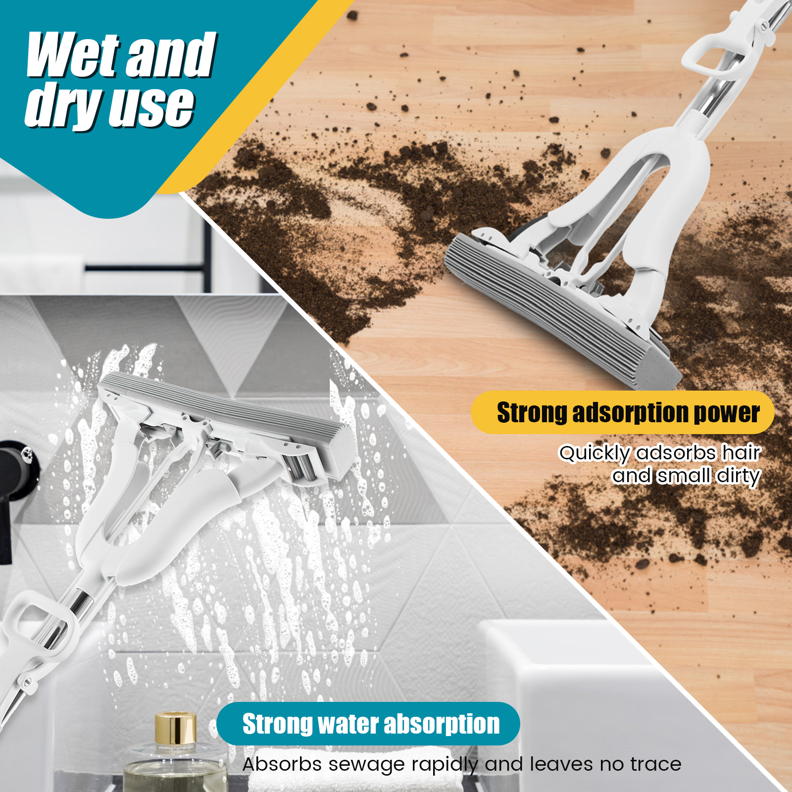 PVA-sponsmop Zelfwringende sponsrolmop met verstelbare handgreep Superabsorberende spons Vloermop Huishoudelijk schoonmaakgereedschap