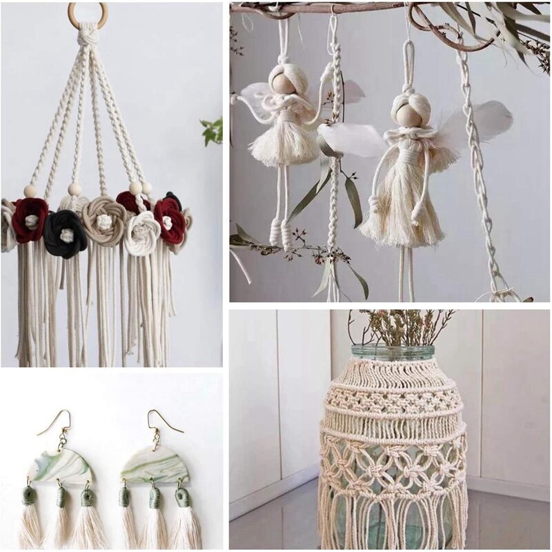 m Natural Macrame Cord with 60 Pcs Wood Beads 6Pcs Wood Ring and 4Pcs Wooden Stick for Crafts,DIY Plant Hangers
