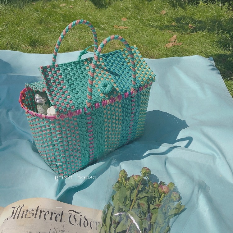 Mand Pp Strap Weave Emmer Polsbandjes Vintage Mori Meisje Handtas Picknick Tas Strandtas Ladylike Hoge Capaciteit Boodschappentas
