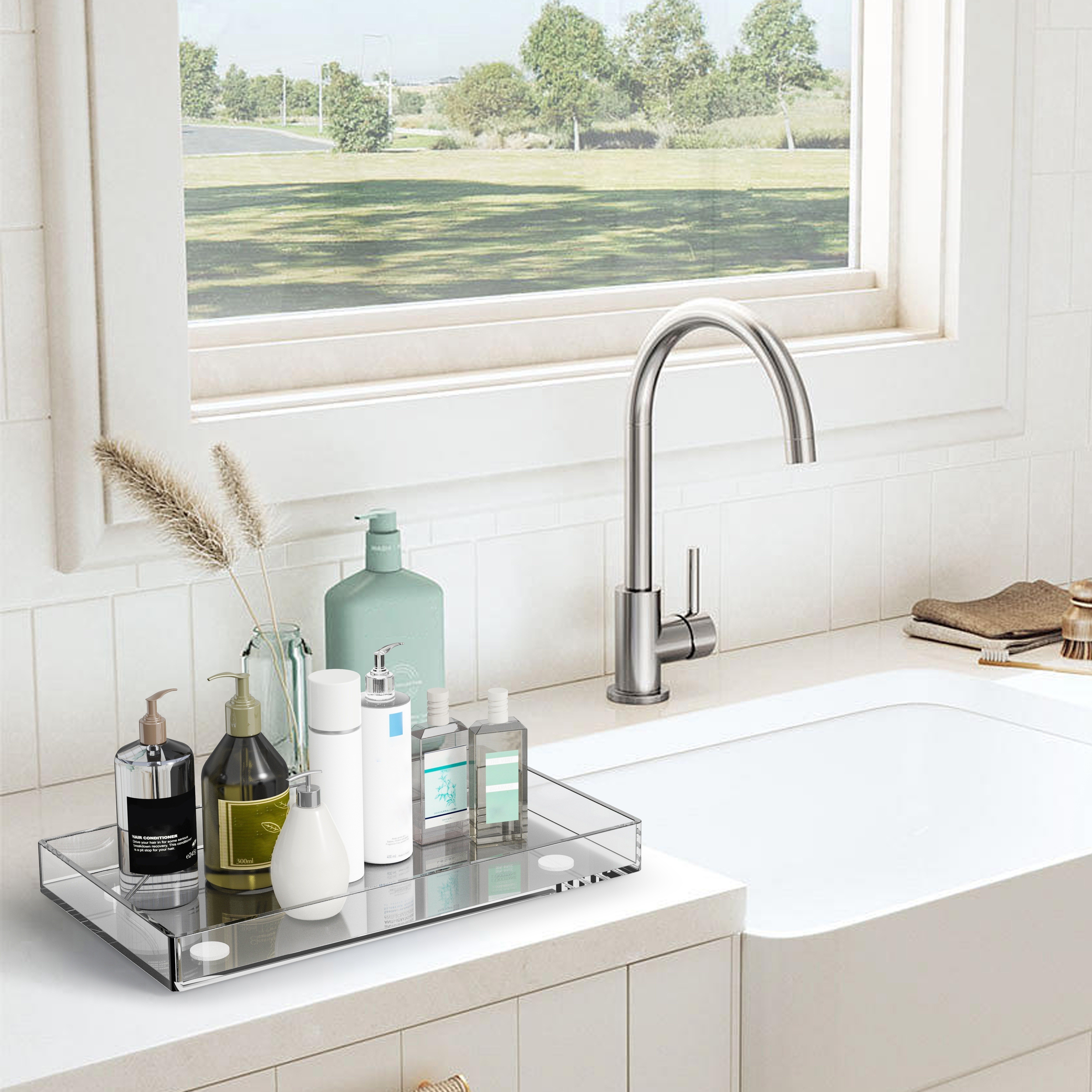 Rektangulært gjennomsiktig akrylbrett for sminke, vask, oppbevaring, kjøkken, frukt, snacks og diverse bruksområder